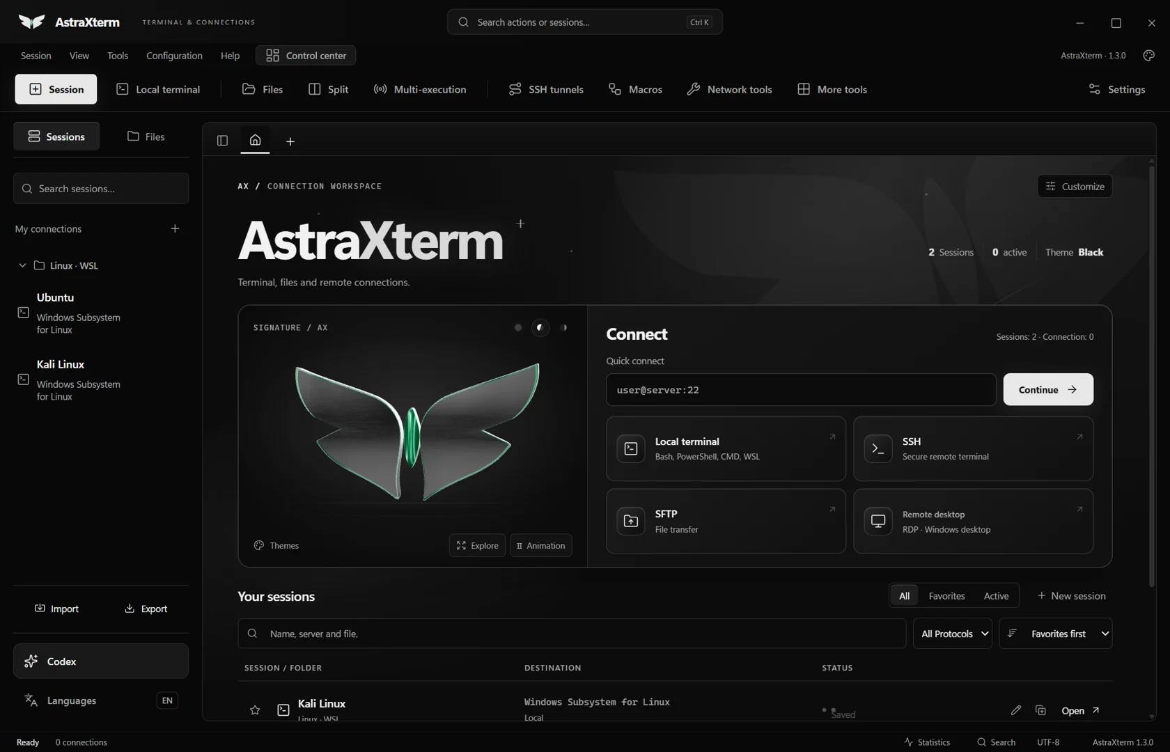 Interface d’AstraXterm avec bibliothèque de sessions et espace de connexion